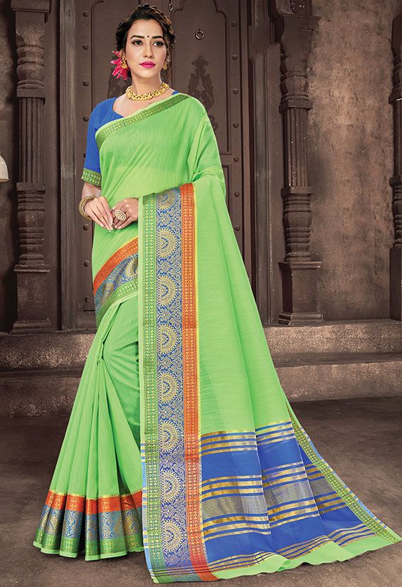 Mint Green Cotton Handloom Saree for Festival