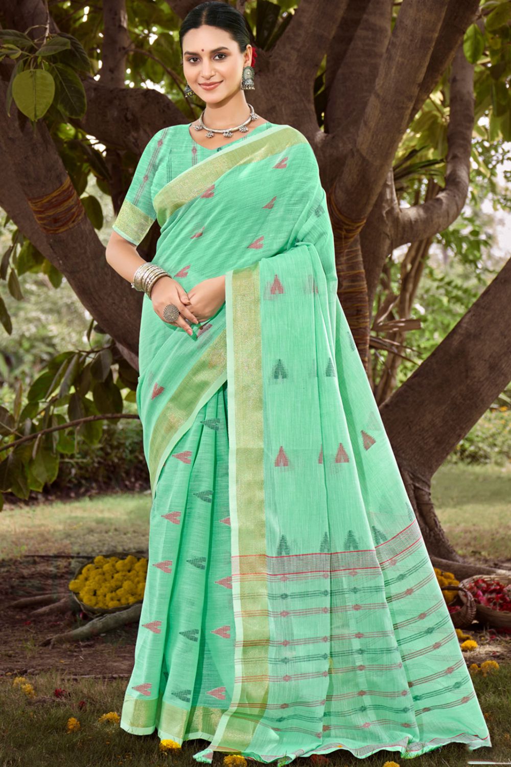 Mint Green Cotton Woven Saree