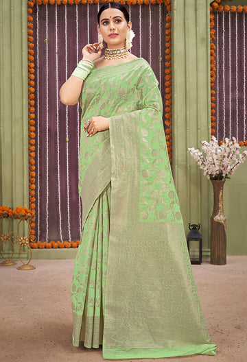 Mint Green Foil Print Cotton Saree for Party