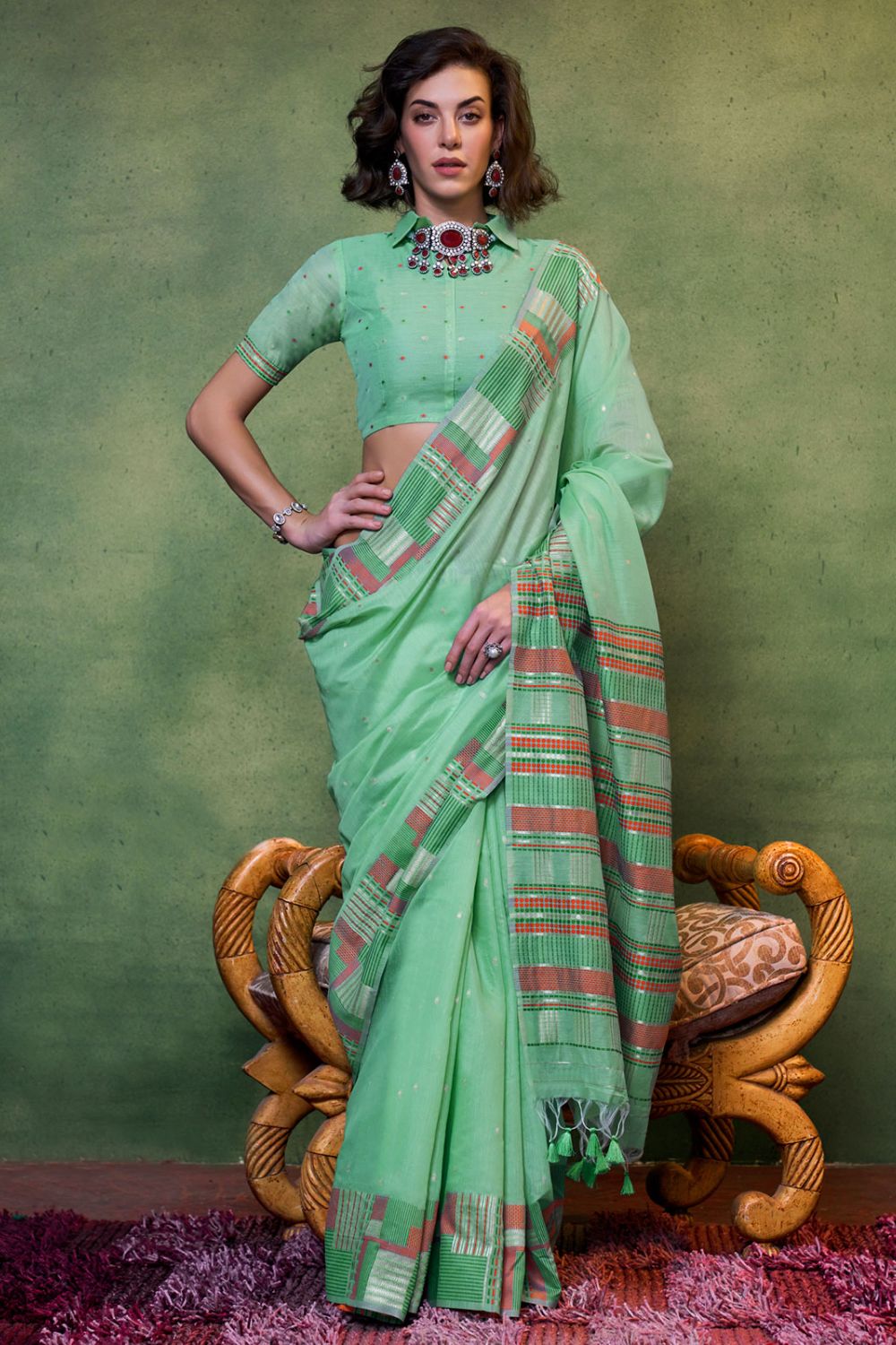 Mint Green Hand Woven Mal Spun Cotton Saree for Party