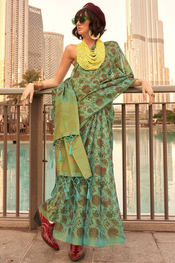 Mint Green Hand Woven Zari Tissue Festival Wear Saree