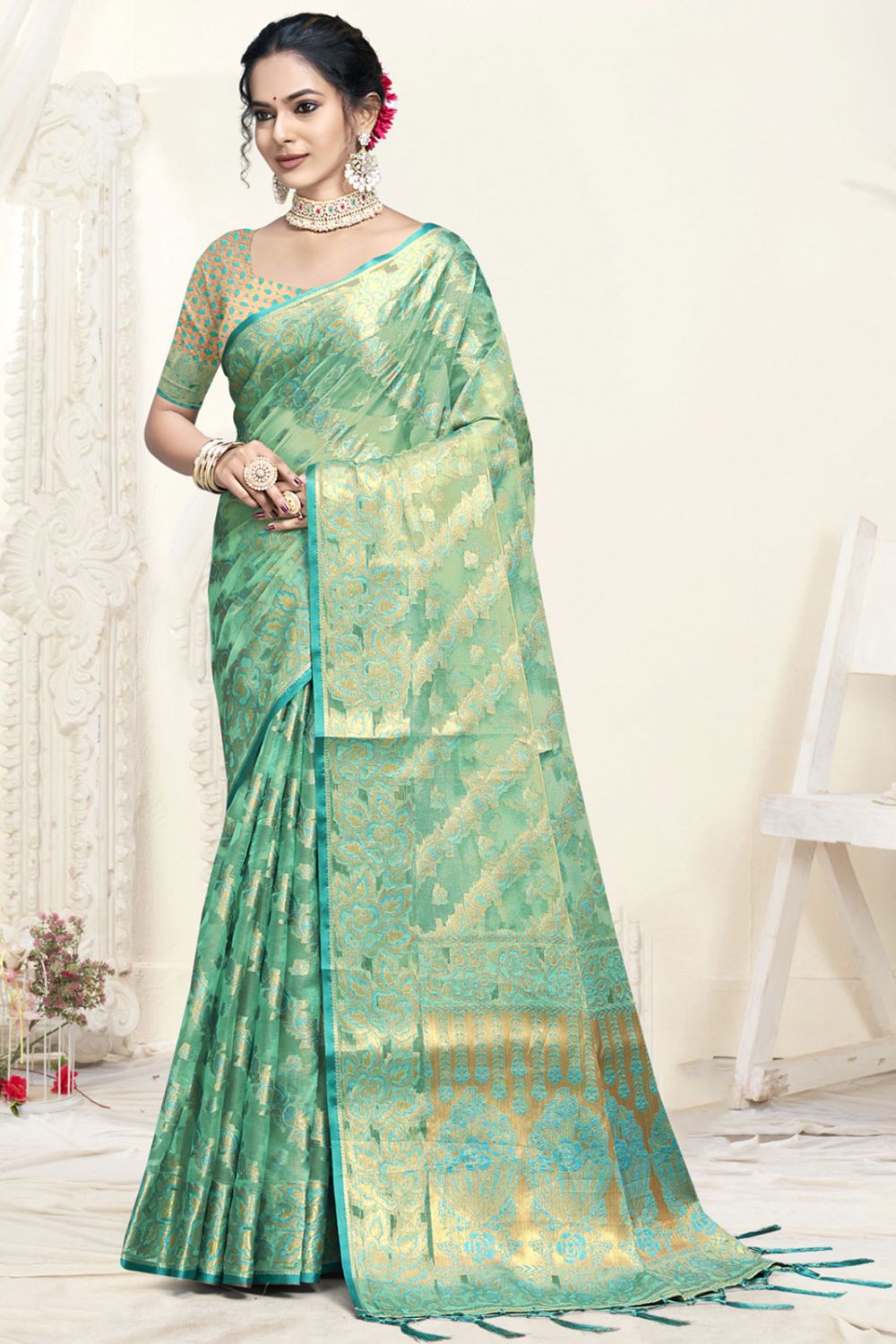 Mint Green Organza Woven Saree