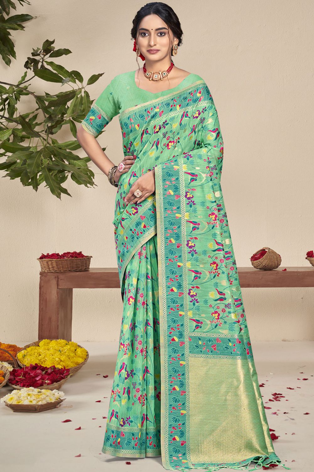 Mint Green Silk Woven Saree