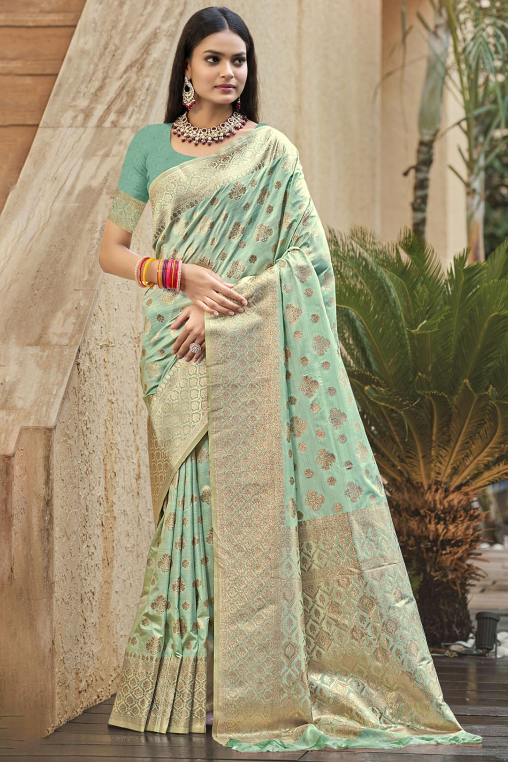 Mint Green Silk Woven Work Saree