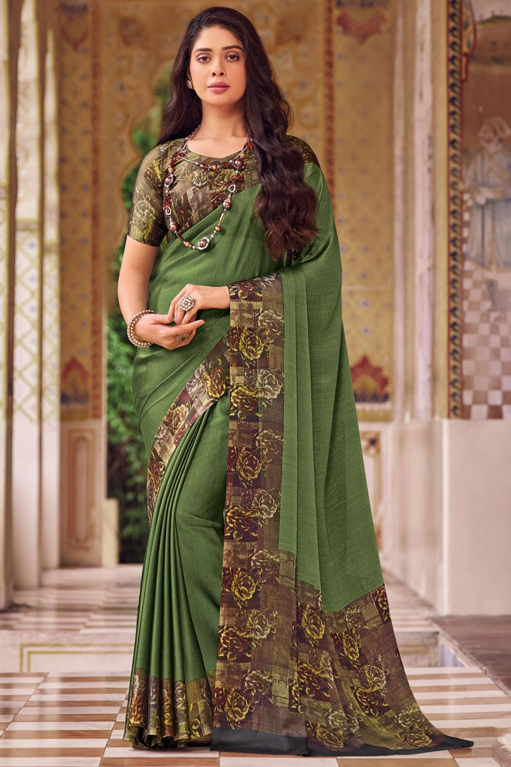 Moss Green Printed Chiffon Saree