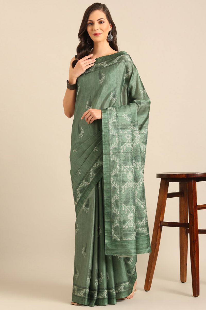 Moss Green Printed Cotton Saree