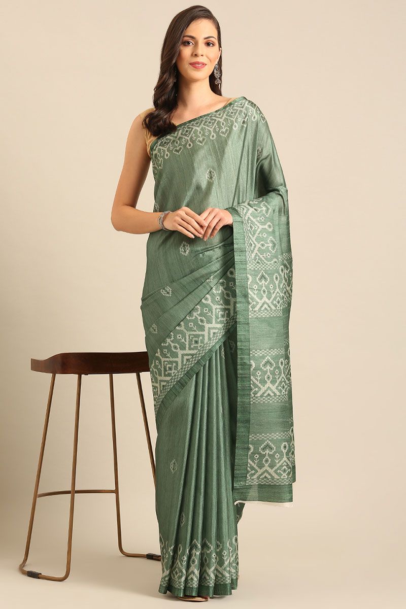 Moss Green Printed Cotton Saree