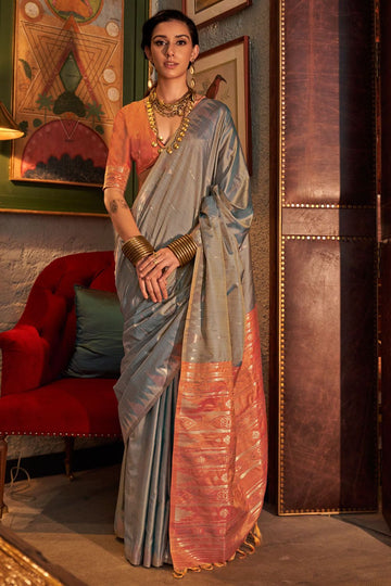 Moss Grey Handloom Weaving Tussar Silk Saree for Festival