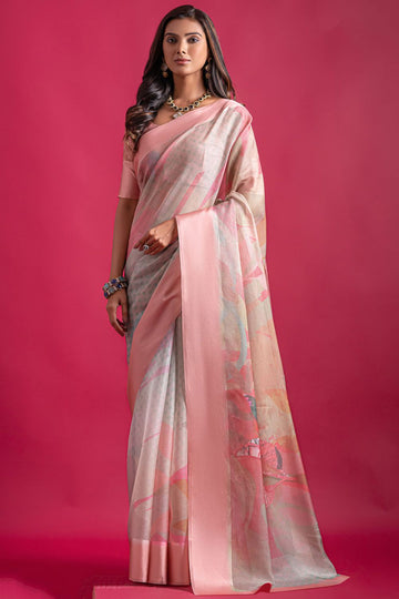 Multicolor Digital Print Linen Saree for Party