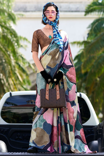 Multicolor Abstract Print Satin Crepe Saree