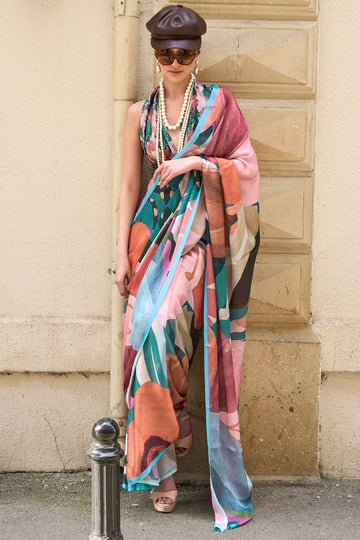 Multicolor Printed Pure Satin Georgette Party Wear Saree