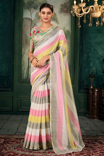 Multicolor Striped Chanderi Linen Saree