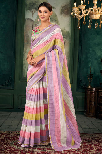 Multicolor Striped Chanderi Linen Saree