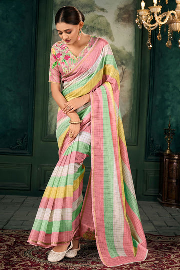 Multicolor Striped Chanderi Linen Saree