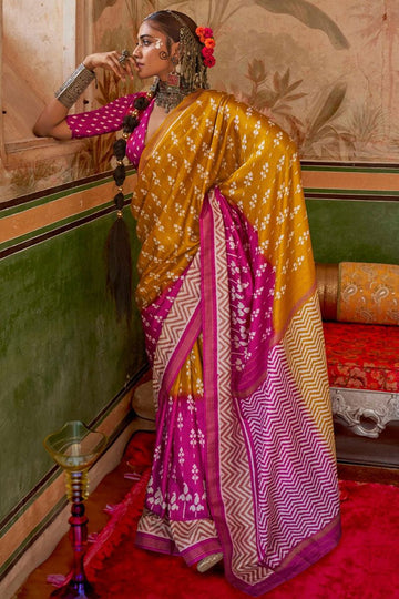 Mustard and Rani Pink Mercerized Silk Saree for Festival