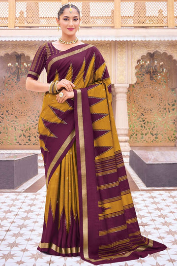 Mustard and Wine Silk Printed Saree