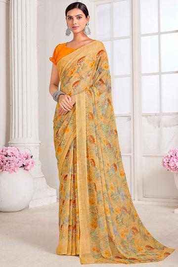 Mustard Digital Printed Chiffon Casual Wear Saree