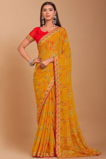 Mustard Digital Printed Chiffon Casual Wear Saree