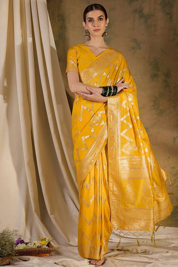 Mustard Dola Jacquard Zari Woven Saree for Party