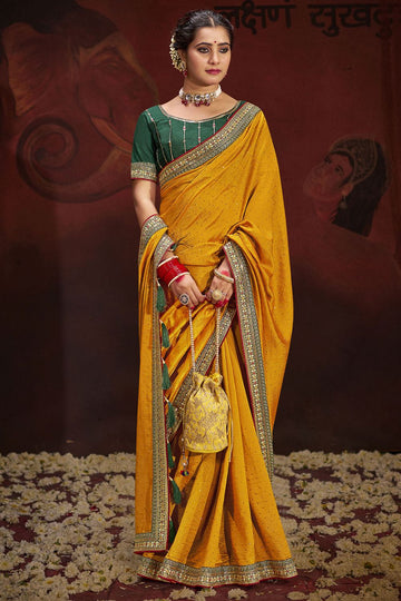 Mustard Swarovski Work Silk Georgette Saree