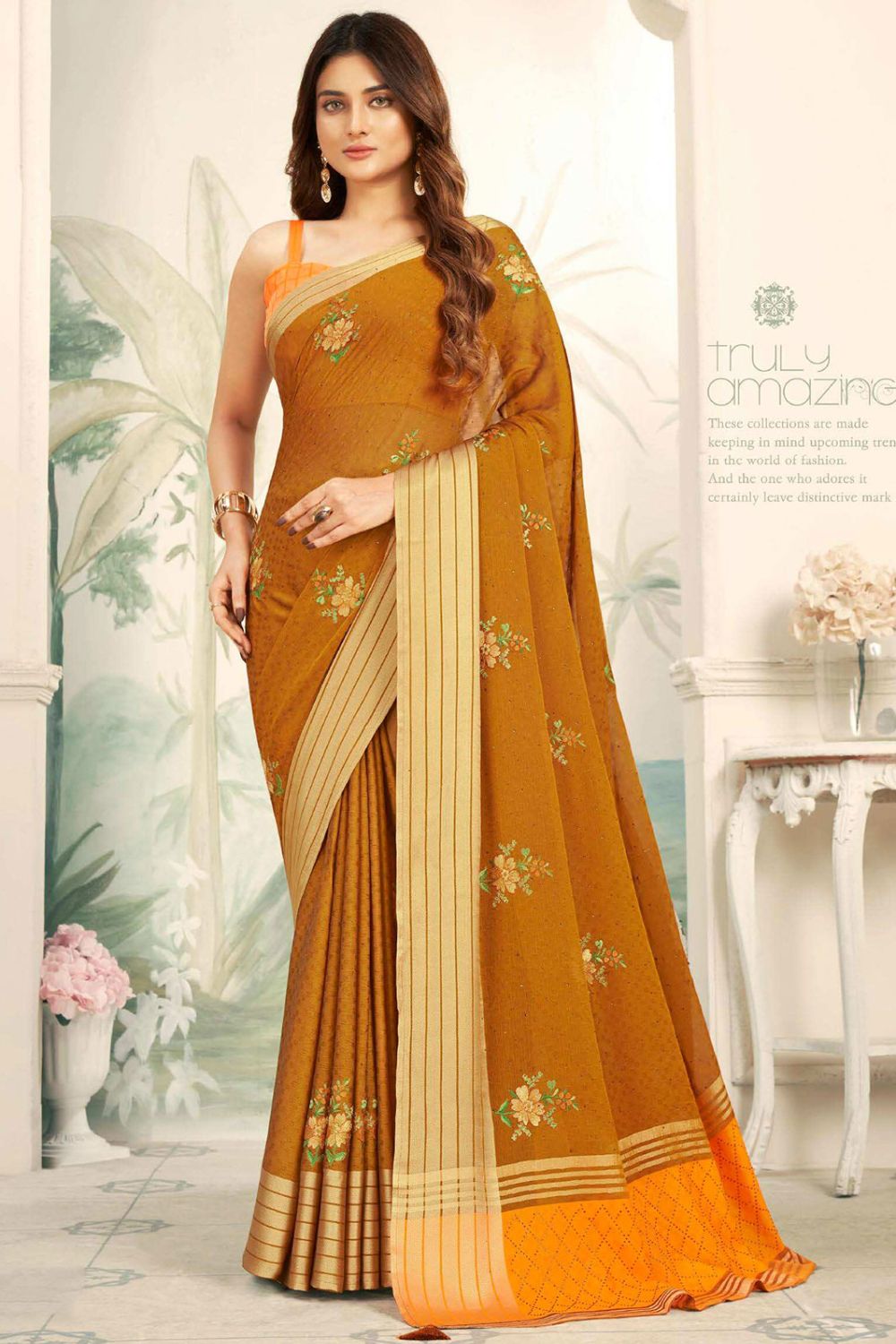 Mustard Embellished Chiffon Saree