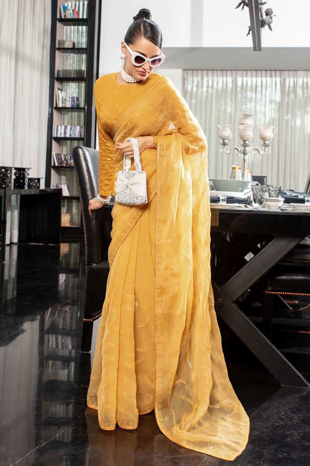 Mustard Embroidered Chiffon Saree