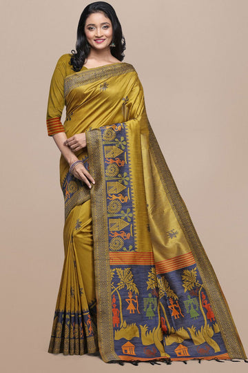 Mustard Raw Silk Saree with Kalamkari Design