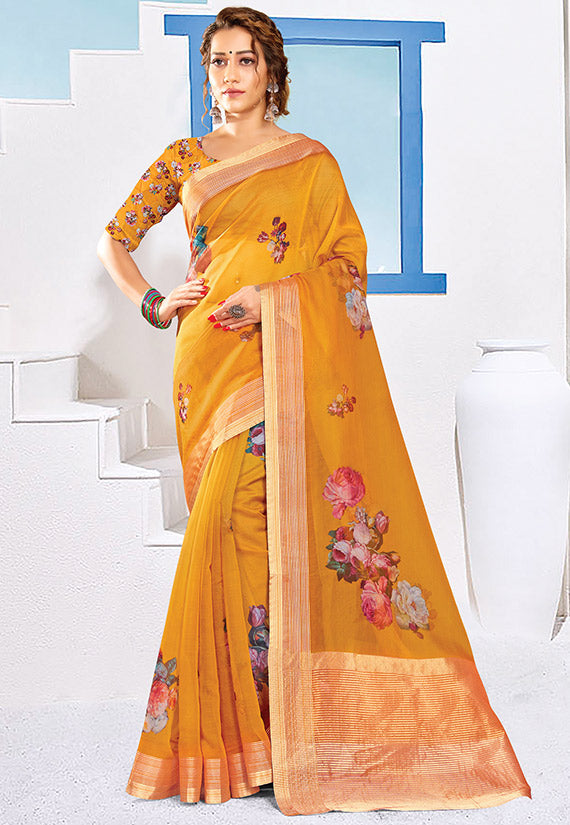 Mustard Organza Silk Printed Saree