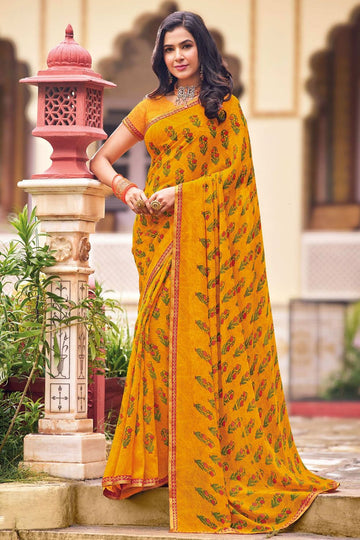 Mustard Printed Georgette Casual Wear Saree