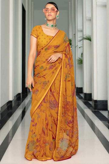 Mustard Printed Georgette Casual Wear Saree