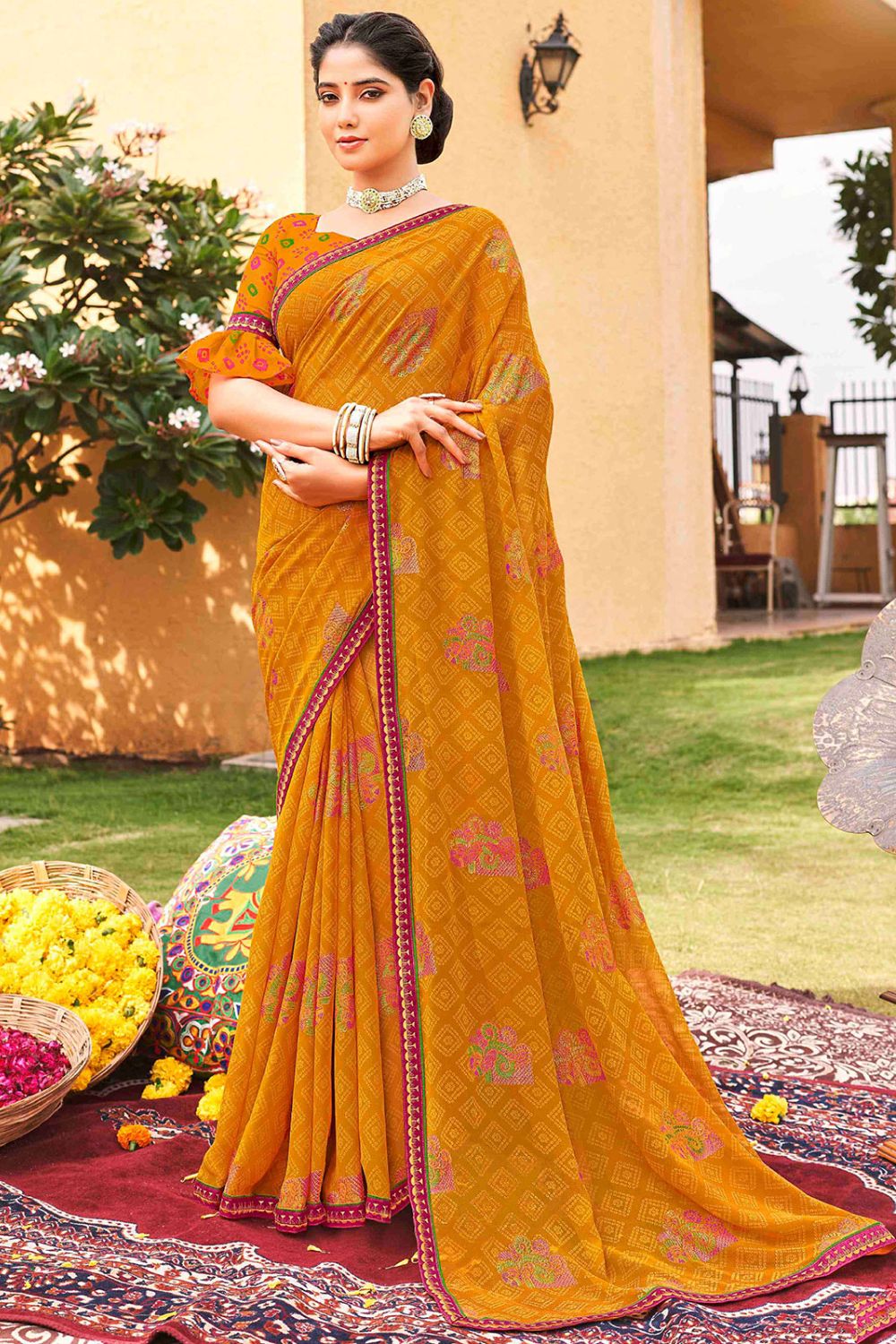 Mustard Printed Georgette Casual Wear Saree