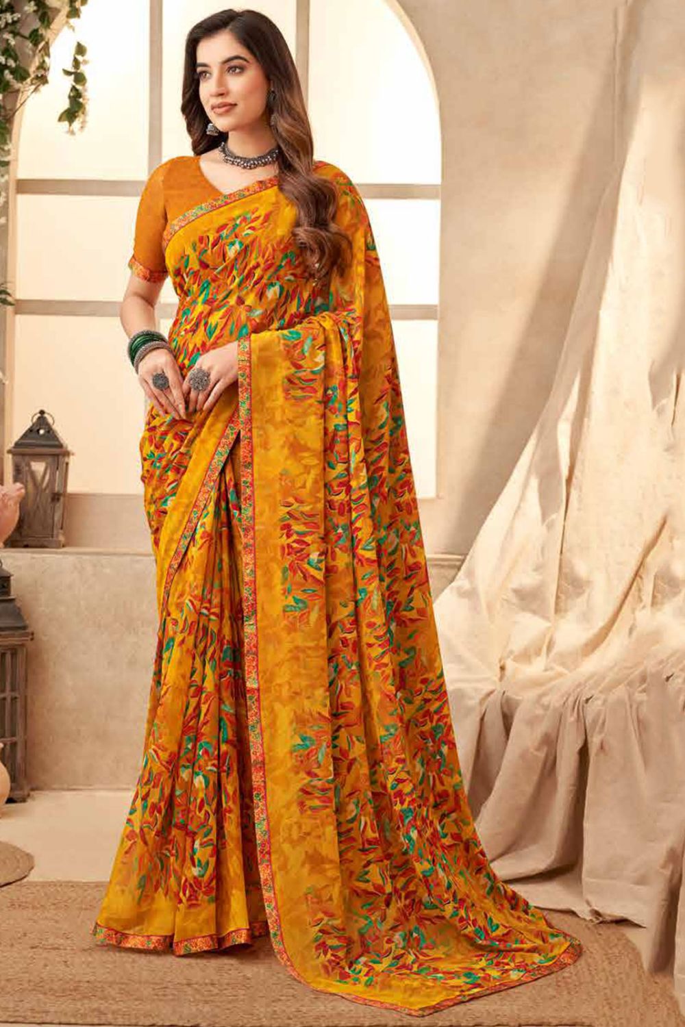 Mustard Printed Georgette Casual Wear Saree