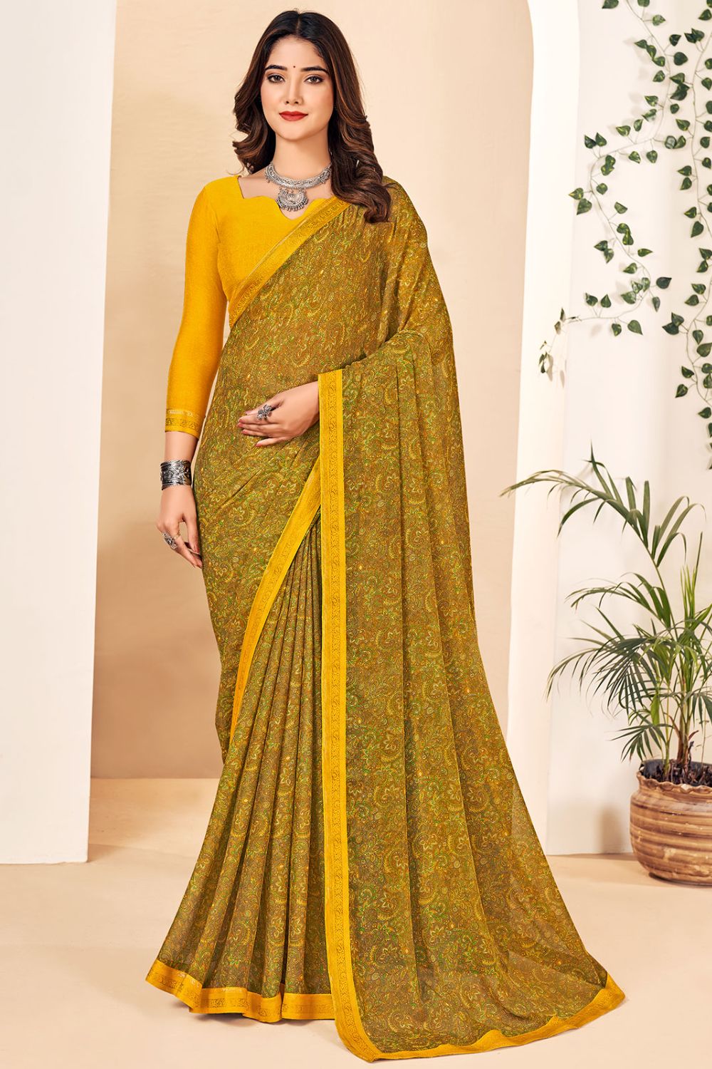 Mustard Printed Chiffon Casual Wear Saree