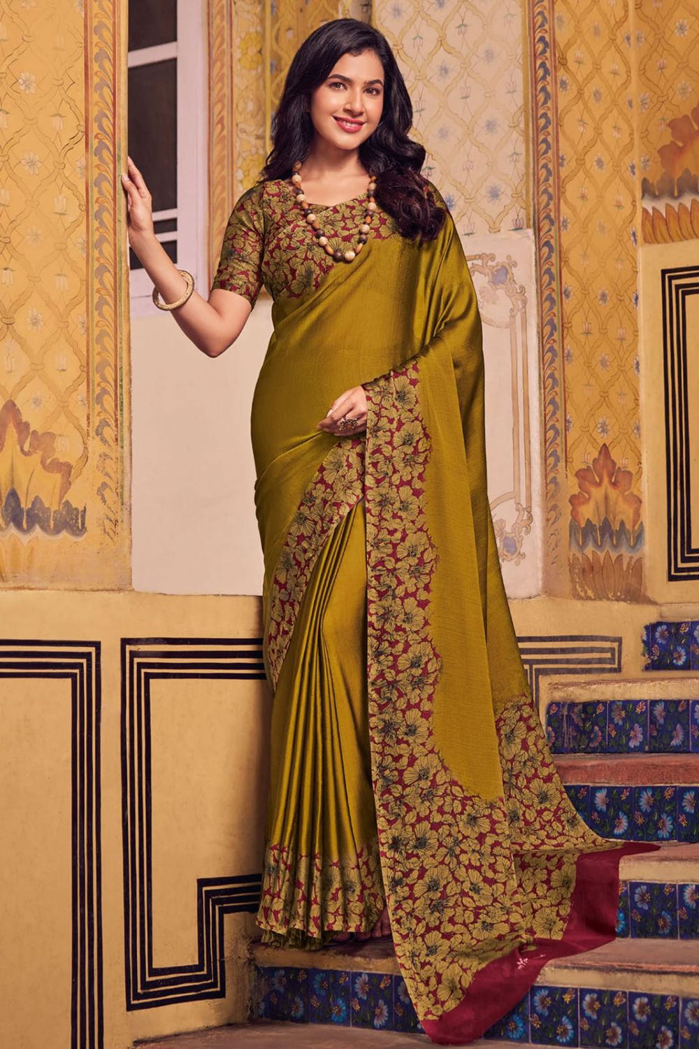 Mustard Printed Chiffon Saree