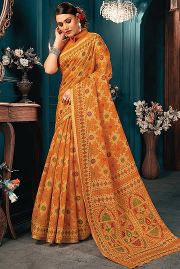 Mustard Printed Cotton Casual Wear Saree