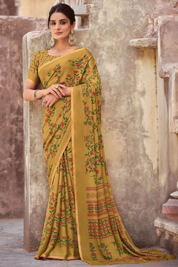 Mustard Printed Crepe Satin Saree for Festival