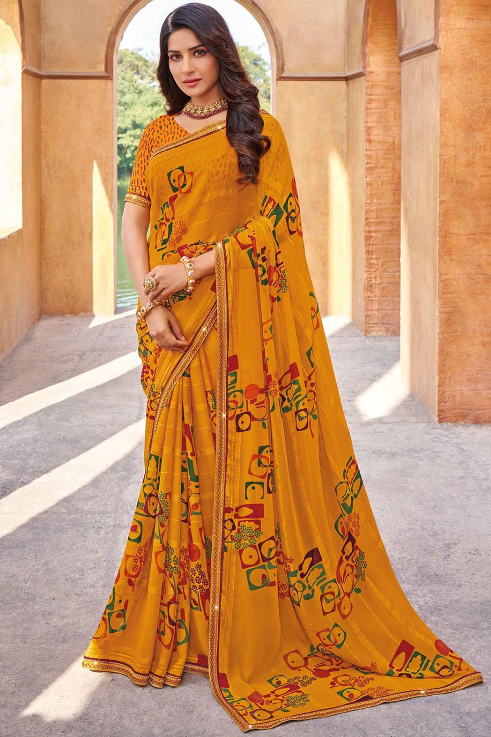 Mustard Printed Georgette Casual Saree