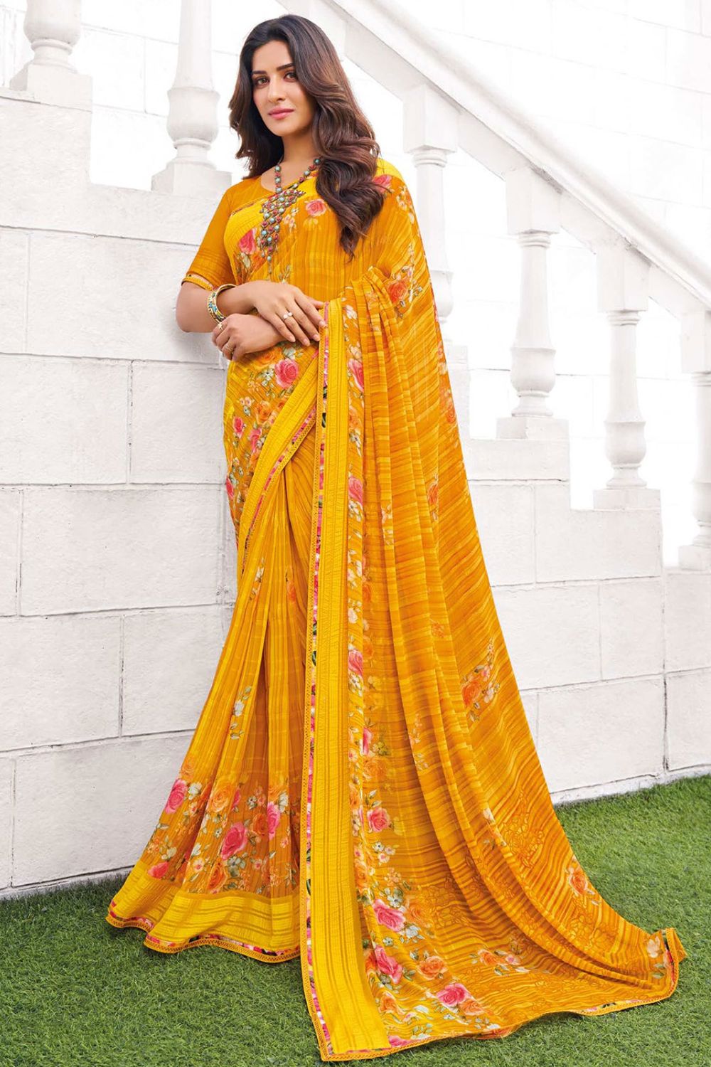 Mustard Printed Georgette Casual Saree