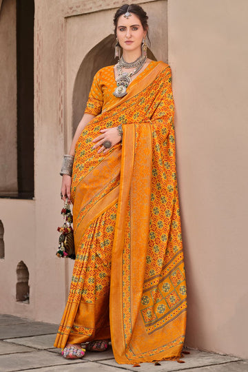 Mustard Silk Printed Saree for Festival