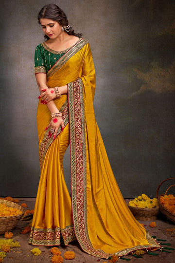 Mustard Designer Satin Saree for Ceremonial