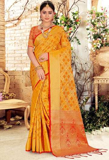 Mustard Woven Silk Saree for Party