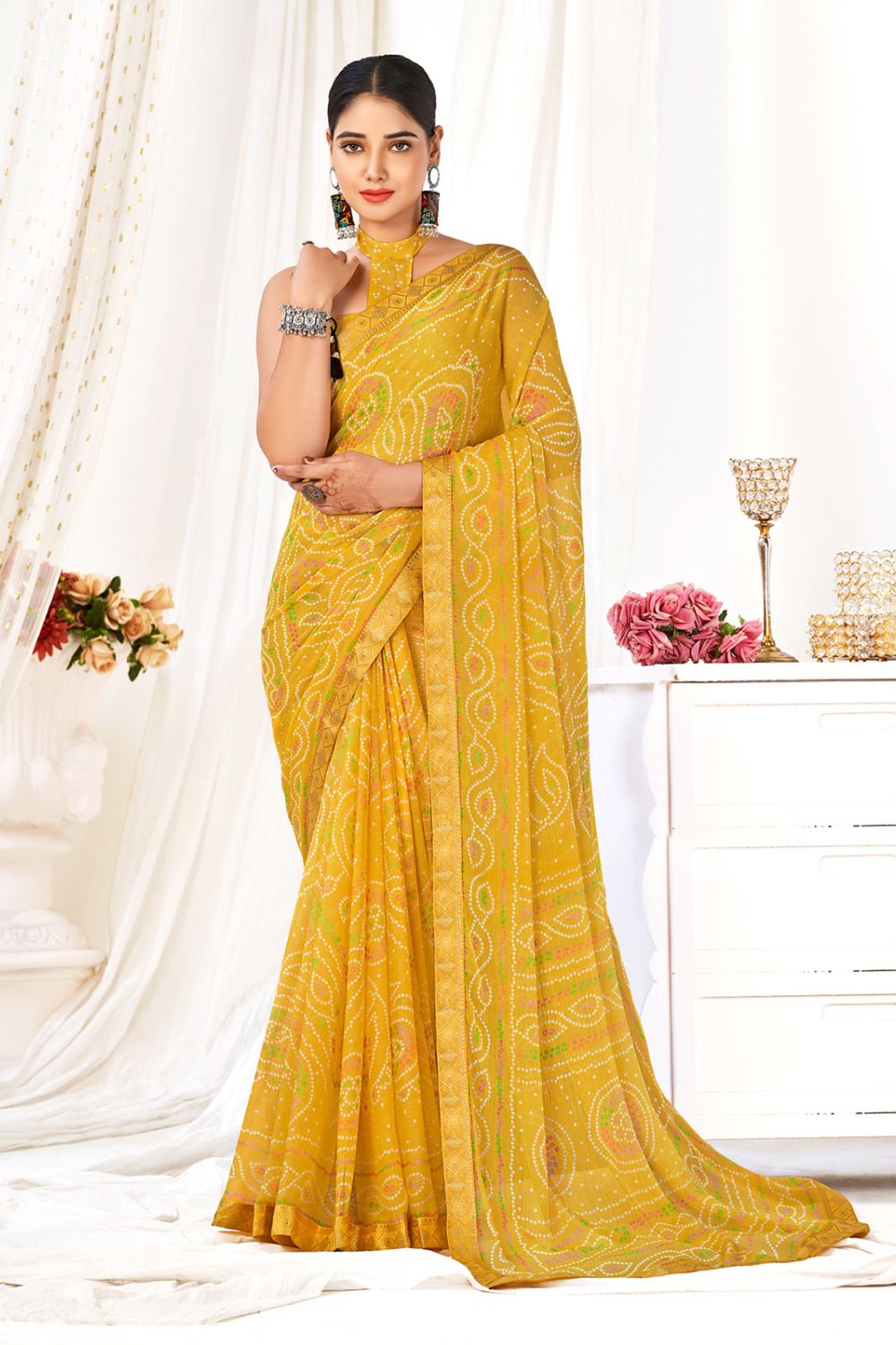 Mustard Yellow Chiffon Printed Casual Wear Saree