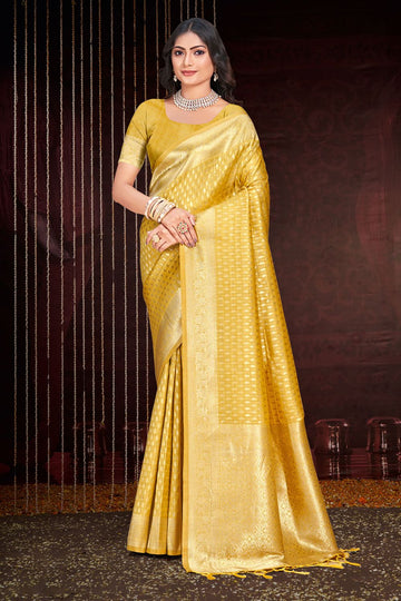 Mustard Yellow Zari Weaving Work Cotton Silk Saree