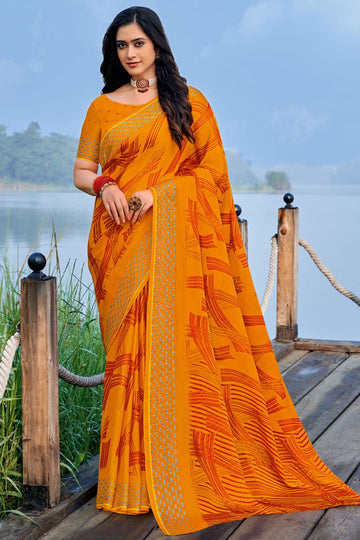 Mustard Yellow Printed Casual Wear Chiffon Saree