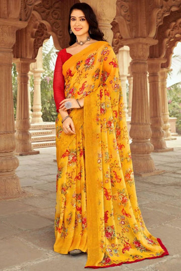 Mustard Yellow Floral Printed Chiffon Casual Wear Saree