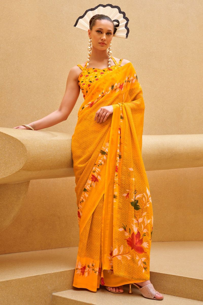 Mustard Yellow Georgette Saree with Floral Print