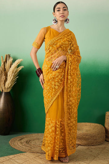 Mustard Yellow Net Embroidered Saree for Party