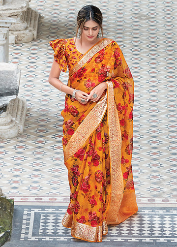 Mustard Yellow Organza Printed Saree for Party