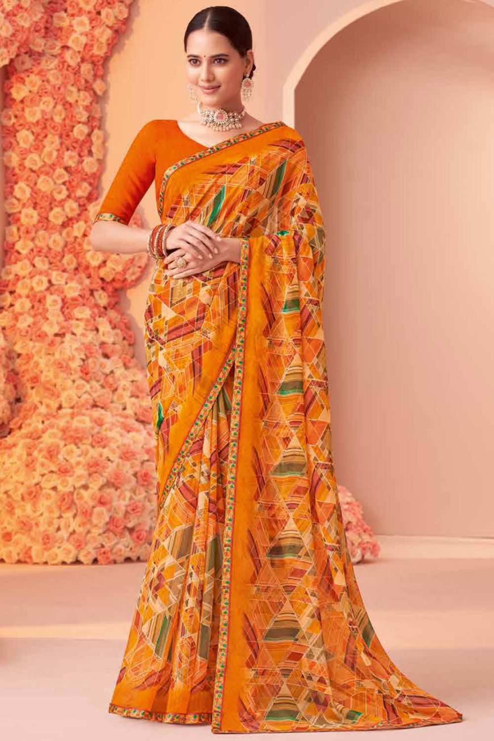 Mustard Yellow Printed Georgette Casual Wear Saree