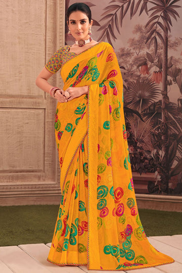 Mustard Yellow Printed Georgette Casual Wear Saree